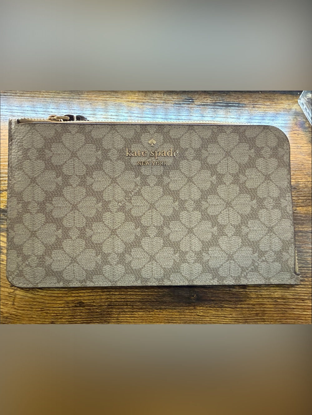 kate spade Beige Logo Print Zip Wallet with Gold-Tone Hardware
